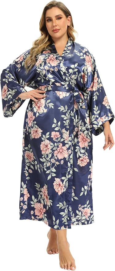 Women's Floral Long Satin Robes Plus Size Long Silk Robes Peacock Floral Kimonos Sleepwear Dressing Gown