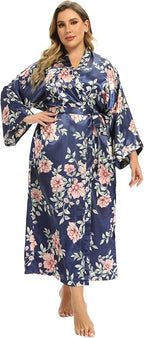 Women's Floral Long Satin Robes Plus Size Long Silk Robes Peacock Floral Kimonos Sleepwear Dressing Gown