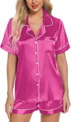 Samring Women's Silk Satin Pajamas Set Short Sleeve Sleepwear Two Piece Button Down Pj Set with Pockets S-XXL