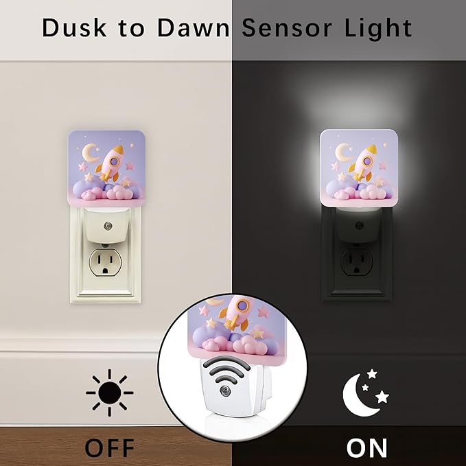 Rocket Night Lights Plug Into Wall, Playful Fanciful Moon Stars None Pastel Peach Plug in Night Light with Dusk to Dawn Sensor for Bathroom Closet Laundry Room Decor 1pcs