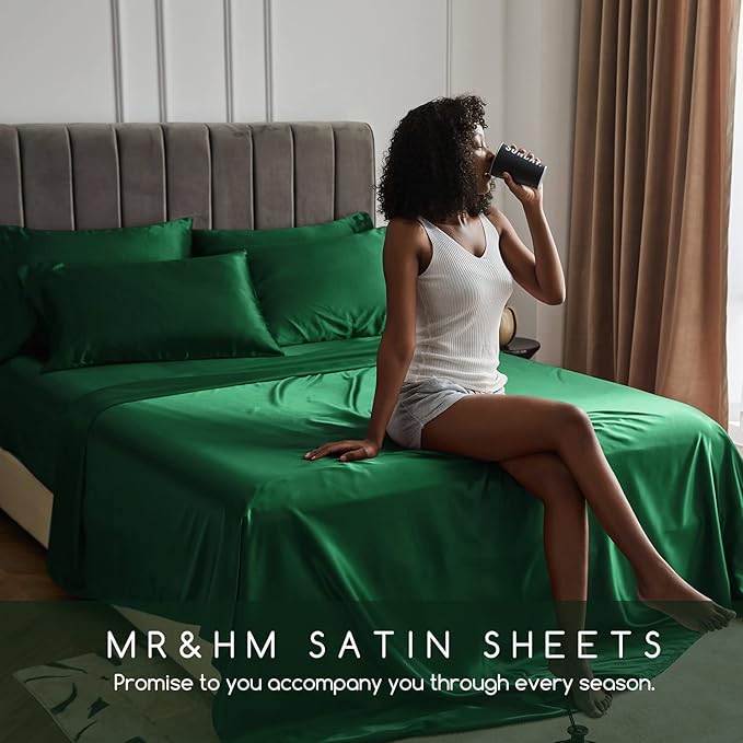 MR&HM Satin Bed Sheets, Twin XL Size Sheets Set, 3 Pcs Silky Bedding Set with 15 Inches Deep Pocket for Mattress (Twin XL, Dark Green)