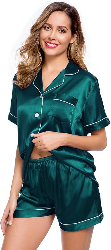 LecGee Womens Silk Satin Pajamas Short Sleeve Loungewear Two-Piece Sleepwear Button-Down Pj Set