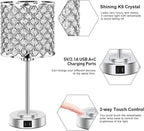 Crystal Table Bedside Lamp Touch Control, Dimmable Small Nightstand Lamp Set of 2 with USB-C+A Charging Ports, Decorative Silver Tabletop Lamp for Bedroom Living Room Guest Room, Bulbs Included