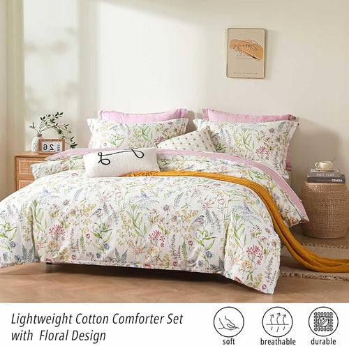 ALEISSEL White Floral Cotton Comforter King Size - 3PC Lightweight Bedding Sets with Soft Fill, Vibrant Garden Botanical Patterns, Petal Pink Reversible Design with Feminine Elegance