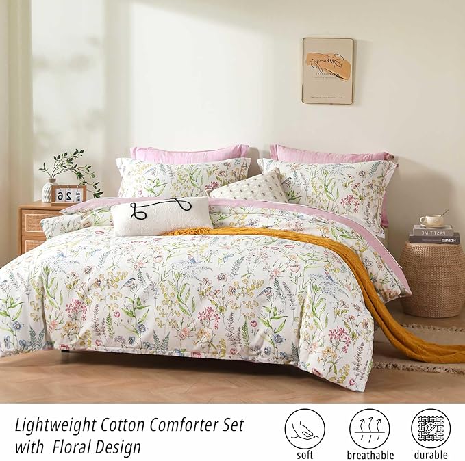 ALEISSEL White Floral Cotton Comforter Queen Size - 3PC Lightweight Bedding Sets with Soft Fill, Vibrant Garden Botanical Patterns, Petal Pink Reversible Design with Feminine Elegance