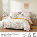 ALEISSEL White Floral Cotton Comforter Queen Size - 3PC Lightweight Bedding Sets with Soft Fill, Vibrant Garden Botanical Patterns, Petal Pink Reversible Design with Feminine Elegance