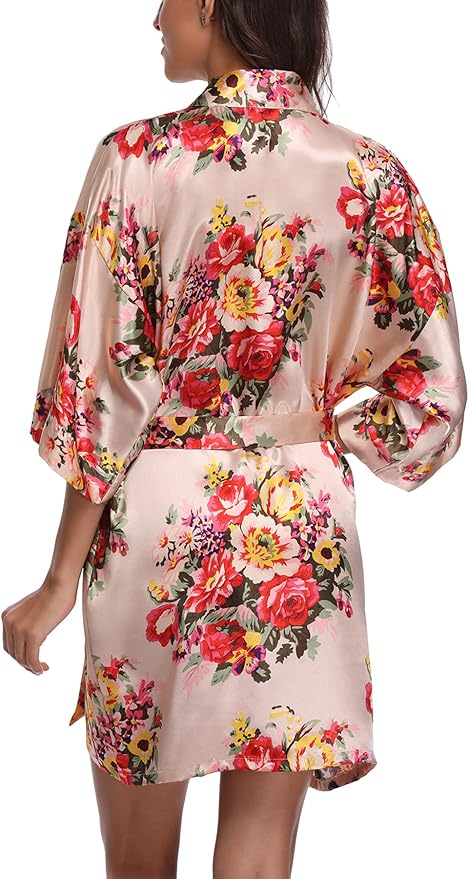Women's Floral Satin Robes Bride Bridesmaid Getting Ready Robe Short Silky Kimono Sleepwear for Wedding Party