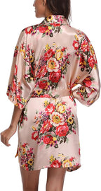 Women's Floral Satin Robes Bride Bridesmaid Getting Ready Robe Short Silky Kimono Sleepwear for Wedding Party