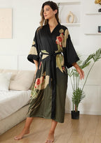 Kihnop Women's Floral Long Kimono Robe Long Satin Robe Long Silk Robe Ladies Kimonos Silky Bathrobe Cover Up, One Size