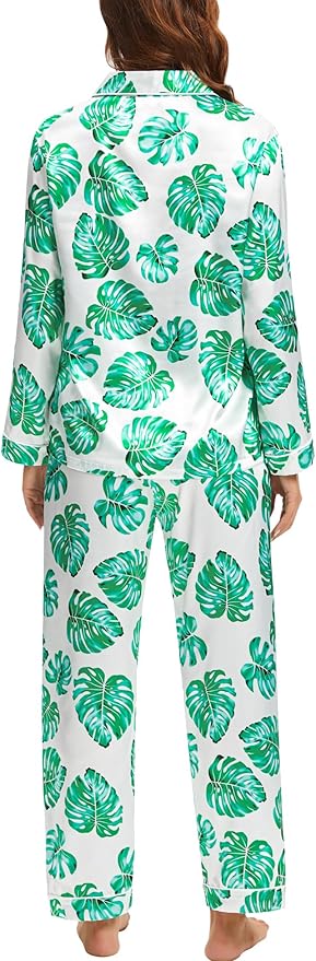 SWOMOG Womens Silk Satin Pajamas Set Long Sleeve Button Down Sleepwear 2 Piece Lounge Set Pj Set XS-3XL