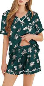 Silk Pajamas for Women Short Sleeve Satin 2 Piece Pj Set Soft V Neck Sleepwear Loungewear, S-XXL