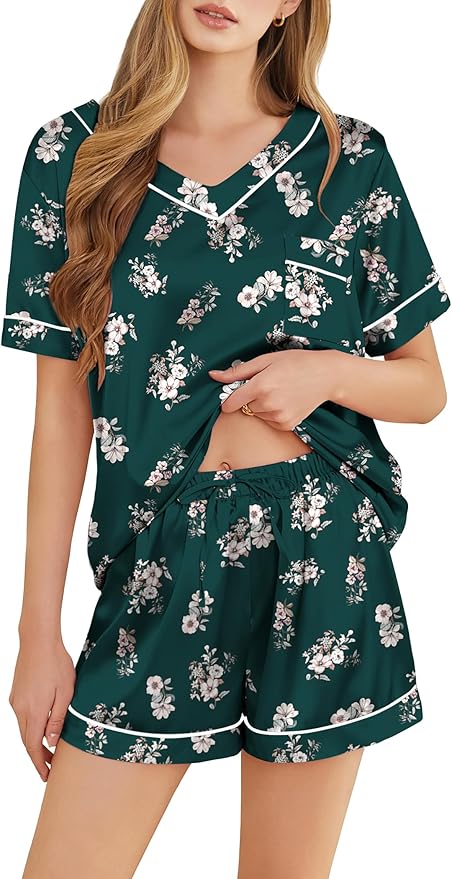 Silk Pajamas for Women Short Sleeve Satin 2 Piece Pj Set Soft V Neck Sleepwear Loungewear, S-XXL