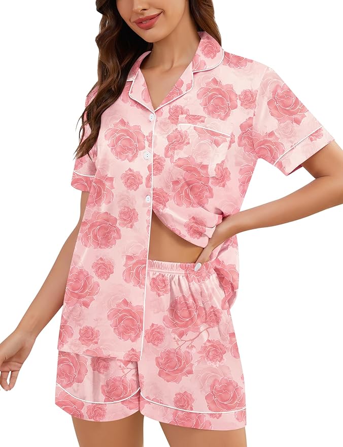 SWOMOG Womens Silk Satin Pajamas Set Short Sleeve Sleepwear Button Down Top and Shorts Loungewear 2 Piece Pjs Set XS-3XL
