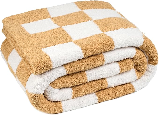 Carriediosa Checkered Throw Blanket 50" X 60", 400GSM Ultra Soft Microfiber Fuzzy Fluffy Reversible Cute Preppy Knitted Blankets Cozy Plush Fall Throws for Couch, Bed, Sofa, Tan Brown