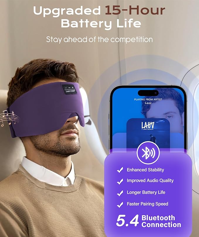 Sleep Mask with Bluetooth Headphones, Blackout Sleep Headphones for Side Sleepers, Ultra-Thin Bluetooth 5.4 Stereo Speaker Eye Mask for Travel, Meditation, Cool Gadgets (Purple)