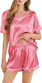 Silk Pajamas for Women Short Sleeve Satin 2 Piece Pj Set Soft V Neck Sleepwear Loungewear, S-XXL