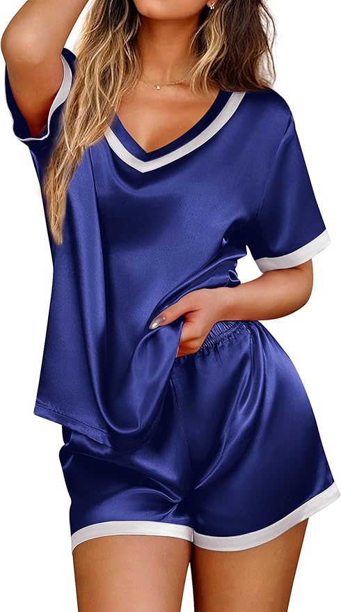 Ekouaer Silk Pajamas for Women Short Sleeve Satin Sleepwear Soft 2 Piece Pjs Shorts Set Loungewear,S-XX