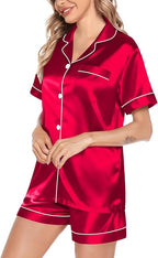 SWOMOG Satin Matching Pajamas Sets Couple Silk Button Down Nightwear Women & Men Short Sleeve Sleepwear 2 Pieces Loungewear