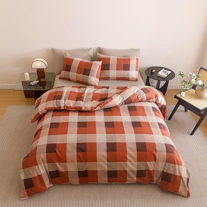 CLOTHKNOW Rust Khaki Plaid Twin Comforter Set Gingham Buffalo Bedding Comforter Sets Checker Comforter Soft Lightweight Fluffy