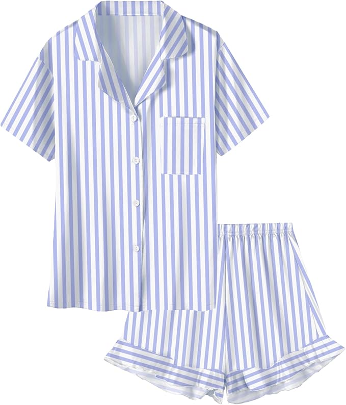 Umeyda Girls & Women Satin Pajamas Set Button Down 2 Piece Silk Pjs Shorts Set Ruffle Sleepwear, 5 Years-Women L