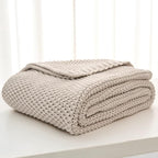 Chunky Cable Knit Throw Blanket Lightweight Beige 100% Organic Cotton Blanket for Sofa Couch Bed Baby Nursery, Rustic Shabby Chic Modern Farmhouse, 60” x 80”