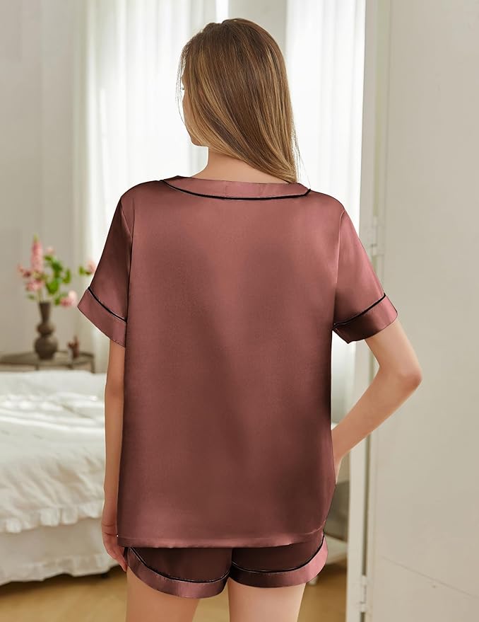 Silk Pajamas for Women Short Sleeve Satin 2 Piece Pj Set Soft V Neck Sleepwear Loungewear, S-XXL