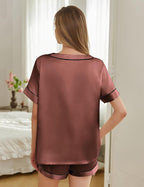 Silk Pajamas for Women Short Sleeve Satin 2 Piece Pj Set Soft V Neck Sleepwear Loungewear, S-XXL