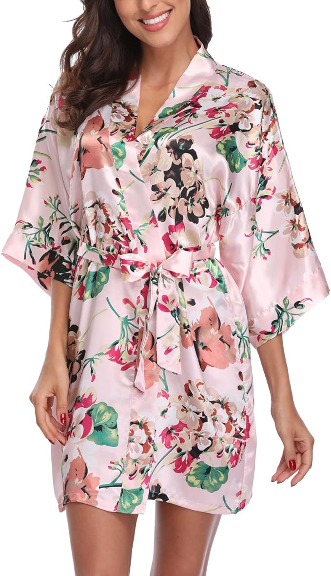 Women's Floral Satin Robes Bride Bridesmaid Getting Ready Robe Short Silky Kimono Sleepwear for Wedding Party
