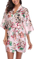Women's Floral Satin Robes Bride Bridesmaid Getting Ready Robe Short Silky Kimono Sleepwear for Wedding Party