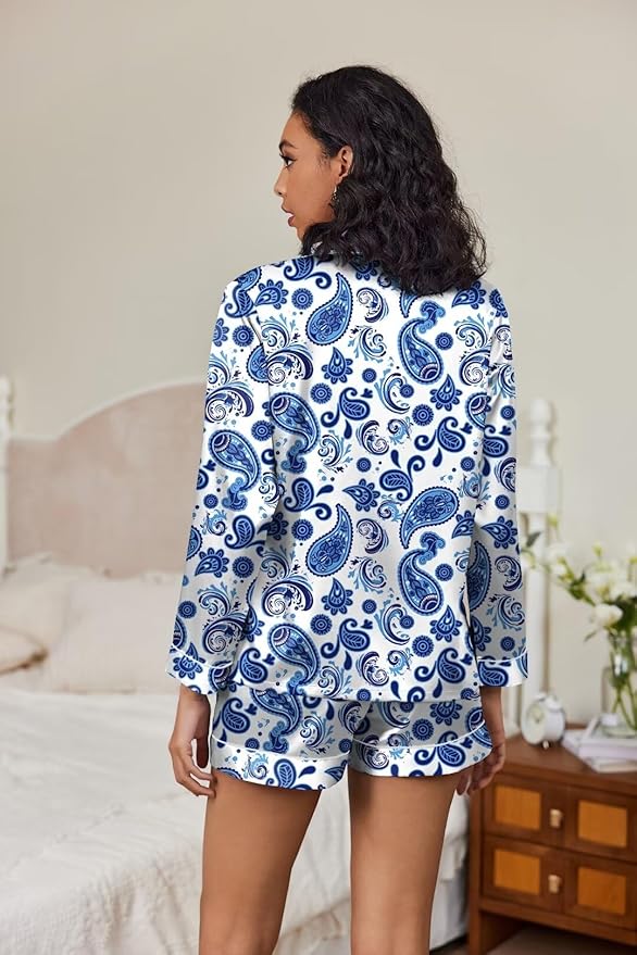 Ekouaer Satin Pajama Set for Women Button Down Pj Set Long Sleeve Top and Shorts 2 Piece Loungewear Summer Soft Sleepwear