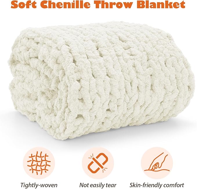 Chunky Knit Blanket Throw, 60x80inch Soft Chenille Yarn Throw, Handmade Warm Thick Cable Knit Crochet Blanket, Large Rope Knot Throw Blanket for Couch Bed Sofa,White