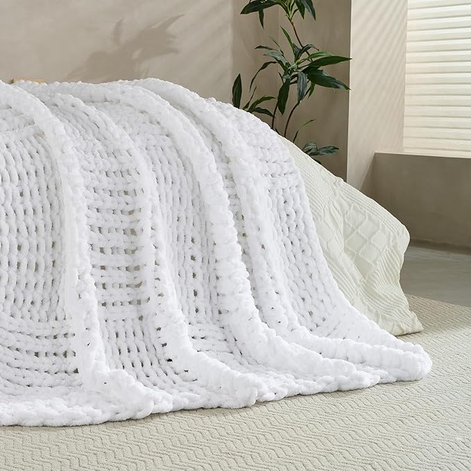Soft Knitted Throw Blanket - 50x60 Inch Cozy & Lightweight All-Season Blanket, Wrinkle-Resistant Polyester for Couch, Bed, Sofa, Reading Nook (White)