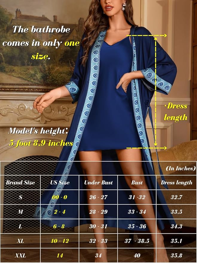 ChiaoLezhee Satin Robe Sets For Women, 2-PC Lightweight Bathrobe, Silk Sleepwear Kimono Bridesmaid Sexy Robes