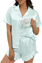 Silk Pajamas for Women Button Down 2 Piece Satin Pjs Shorts Set Ruffle Notch Collar Sleepwear Loungewear