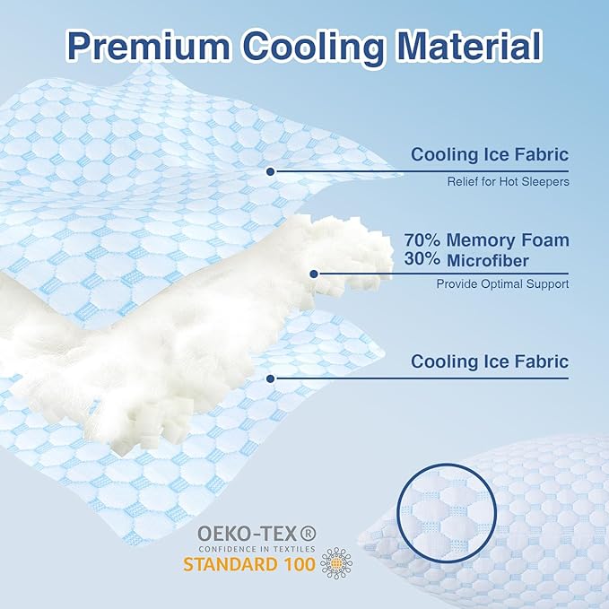 Favocama Cooling Pillow for Sleeping, Shredded Memory Foam Pillows Queen Size Set of 2, Double Sided Cooling Bed Pillows for Hot Sleepers, Side Back and Stomach Sleepers with 4 Covers