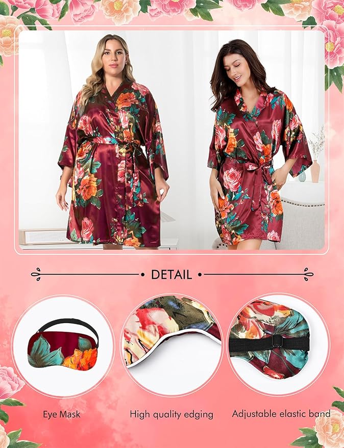 EPLAZA Silk Robes for Women Satin Robe Short Sexy Print Flower Kimono Loungewear Wedding Bridal Party