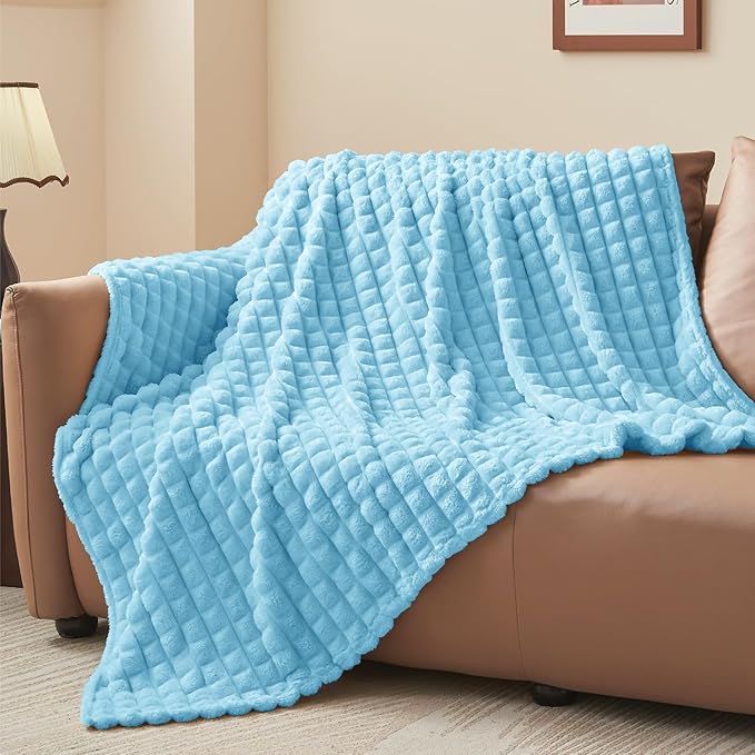 BEDELITE Light Blue Throw Blanket for Couch and Bed- Super Soft and Warm 3D Checkered Fluffy Fuzzy Fleece Blanket, Luxurious Plush Cozy Blanket for Room Decor Spring, 50x60 inches
