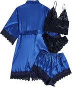 WDIRARA Women' Silk Satin Pajamas Set 4pcs Lingerie Floral Lace Cami Sleepwear with Robe