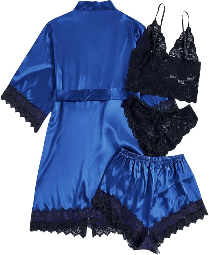 WDIRARA Women' Silk Satin Pajamas Set 4pcs Lingerie Floral Lace Cami Sleepwear with Robe