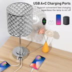 Crystal Table Bedside Lamp Touch Control, Dimmable Small Nightstand Lamp Set of 2 with USB-C+A Charging Ports, Decorative Silver Tabletop Lamp for Bedroom Living Room Guest Room, Bulbs Included