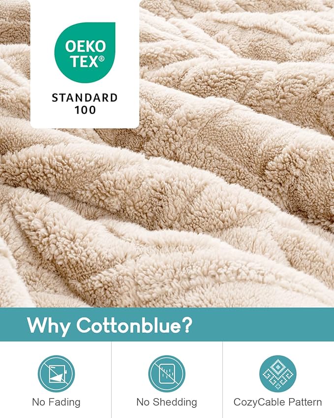 Cottonblue Jacquard Weighted Blanket 15 lbs for Adults Queen Size, Ultra Soft Sherpa Fleece Blanket for Relax and Sleep, Cozy Comfort Heavy Bed Blankets with Glass Beads, 60x80 Inches, Beige