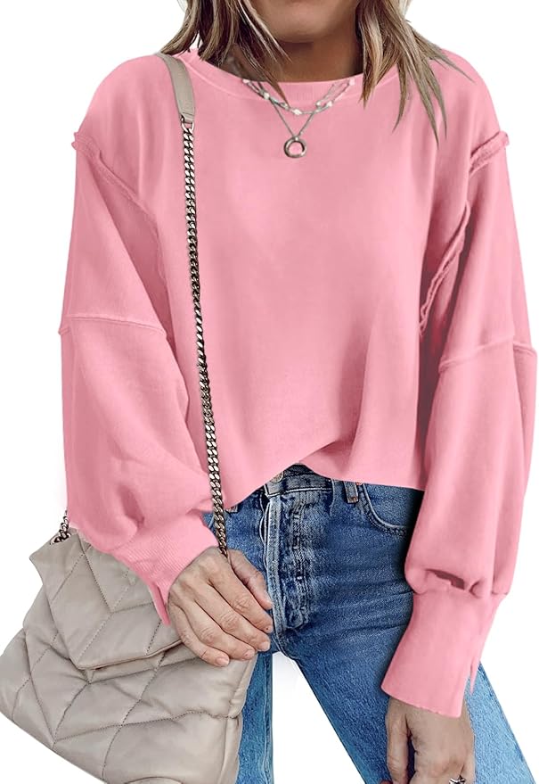 Nirovien Womens Oversized Crewneck Sweatshirt Side Slit Long Sleeve Pullover Slouchy Fit Tops
