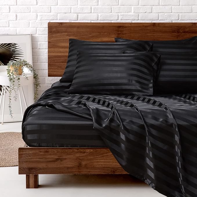 MR&HM Satin Bed Sheets, Queen Size Sheets Set, 6 Pcs Silky Bedding Set with 15 Inches Deep Pocket for Mattress (Queen, Black Striped)