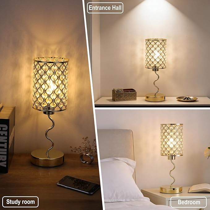 EOEYYOYB Crystal Table Lamp with 3 Way Dimmable Touch Control, Nightstand with USB A+C Ports, Modern Bedside Touch Lamp for Bedroom, Living Room, Office Reading, Gold