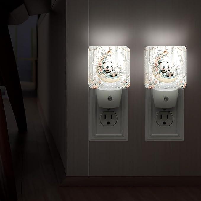 Panda Night Lights Plug Into Wall, Cute Fanciful Moon Flowers Spring Pastel Peach Smart Outlet Plug in Led Night Light Lamp for Guest Room Basement Office Decor 2pcs