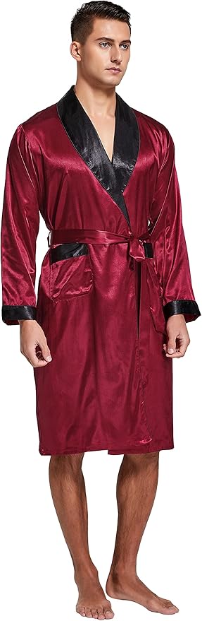 Tony & Candice Men's Satin Robe Lightweight Long Sleeve Silk Kimono Bathrobe with Shorts Set Sleepwear