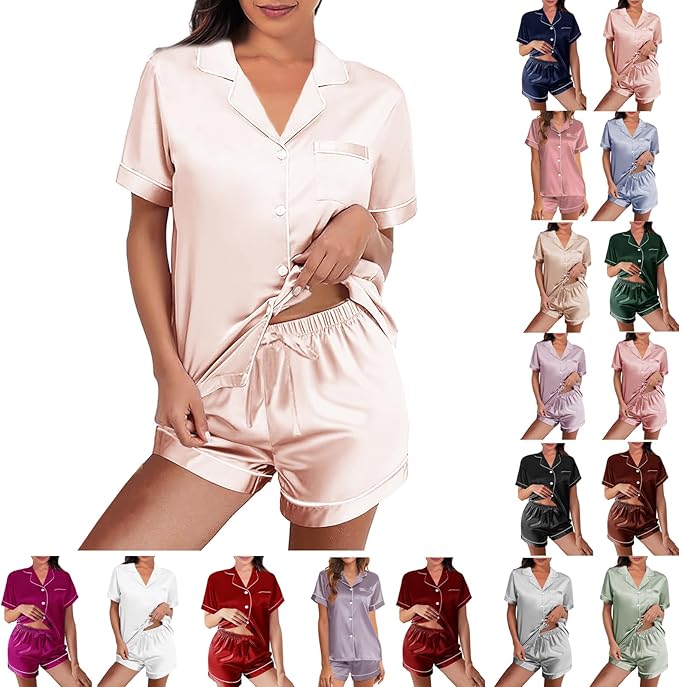WJing Yi Jia Womens Silk Satin Pajamas Loungewear Two-Piece Sleepwear Button-Down Floral Pj Set XS-4XL