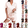 WJing Yi Jia Womens Silk Satin Pajamas Loungewear Two-Piece Sleepwear Button-Down Floral Pj Set XS-4XL