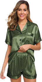 SWOMOG Womens Silk Satin Pajamas Set Short Sleeve Sleepwear Button Down Top and Shorts Loungewear 2 Piece Pjs Set XS-3XL