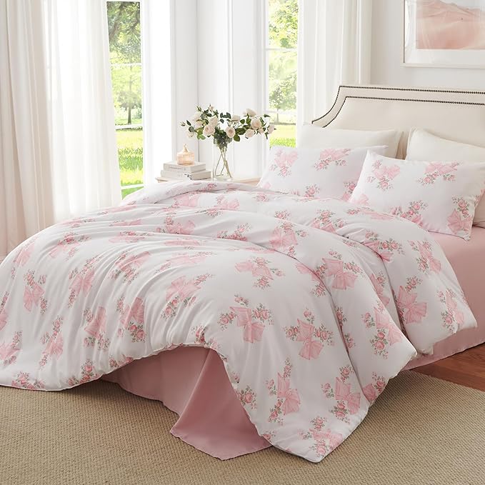 Nayoroom Pink Bow Duvet Cover Queen Size Coquette Pink Floral Duvet Cover 3 Pieces Soft Lightweight Microfiber Girls Cute Aesthetic Dorm Bedding Set